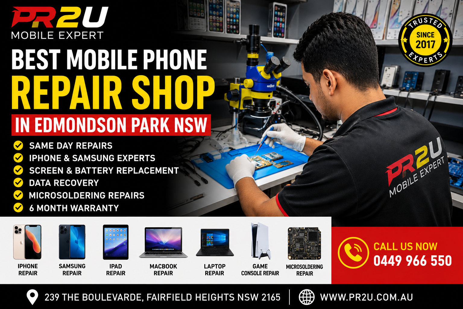 Best Mobile Phone Repair Shop in Edmondson Park NSW – PR2U Mobile Expert technician repairing iPhone with microscope