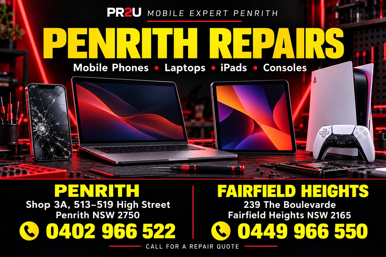 Penrith Repairs – Mobile Phone, Laptop, iPad & Console Repairs 1 PR2U repair services for phones, laptops, iPads and consoles, showing Penrith and Fairfield Heights addresses and phone numbers.